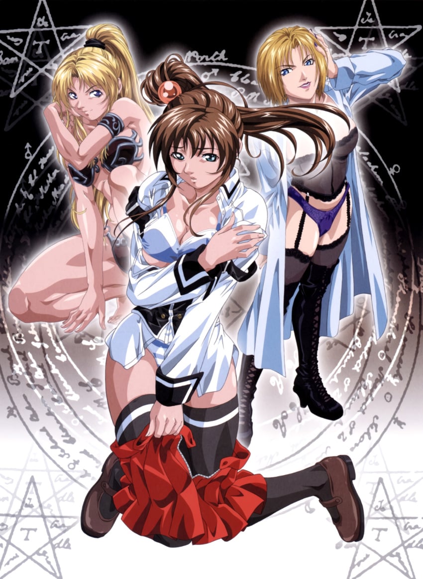 00s 3girls adult_and_teenager age_difference aqua_eyes armlet armor barefoot bible_black bikini_armor black_thighhighs blonde_hair blue_eyes blue_panties boots bra breasts brown_hair cleavage clothes_pull corset curvy full_body high_ponytail highres imari_kurumi jewelry kitami_reika large_breasts lingerie lipstick long_hair magic_circle makeup multiple_girls nail_polish official_art older_female_and_younger_female open_clothes open_shirt panties ponytail purple_nails purple_panties saeki_kaori scan school_nurse school_uniform shiny_skin shirt short_hair side_ponytail skirt skirt_pull smile striped_clothes striped_panties teacher_and_student thigh_boots thighhighs thong underboob underwear undressing wide_hips yoshiten