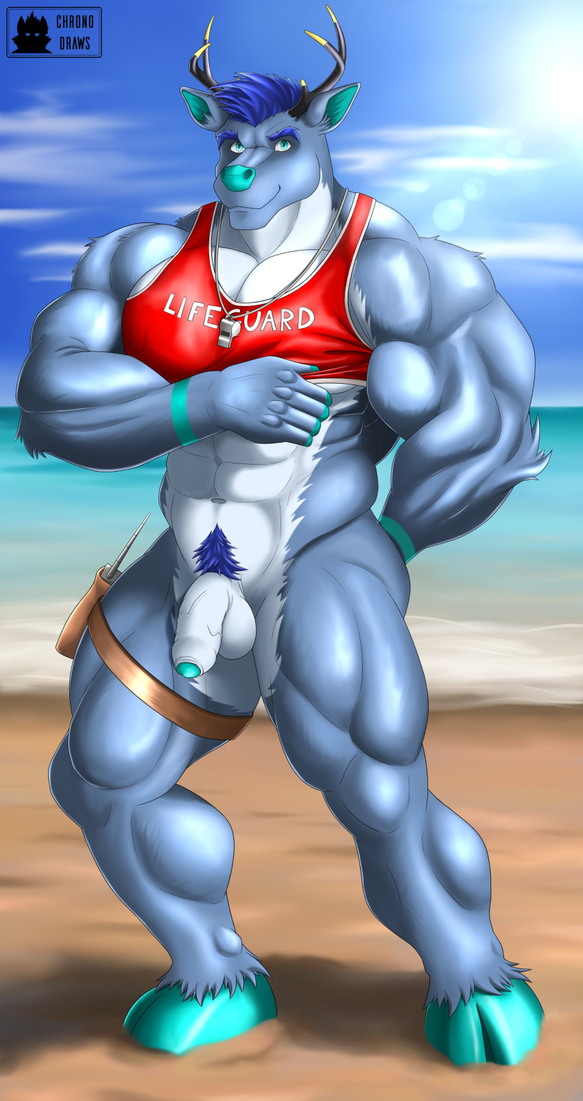 abs absurd_res anthro antlers balls beach biceps biped blue_body blue_body_hair blue_fur blue_hair body_hair bulge clothing fur genital_outline genitals green_nose hair hetaniel hi_res hooves horn jewelry looking_at_viewer male muscular muscular_anthro muscular_male muscular_thighs necklace pecs penis penis_outline sea seaside solo solo_focus standing topwear triceps vein veiny_penis water whistle white_body white_fur