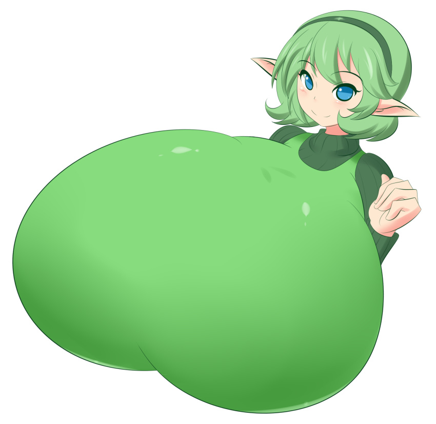 big_breasts blue_eyes breasts breasts_bigger_than_head breasts_bigger_than_torso busty female gigantic_breasts green_hair hairband jcdr kokiri ocarina_of_time pointy_ears saria short_hair solo the_legend_of_zelda