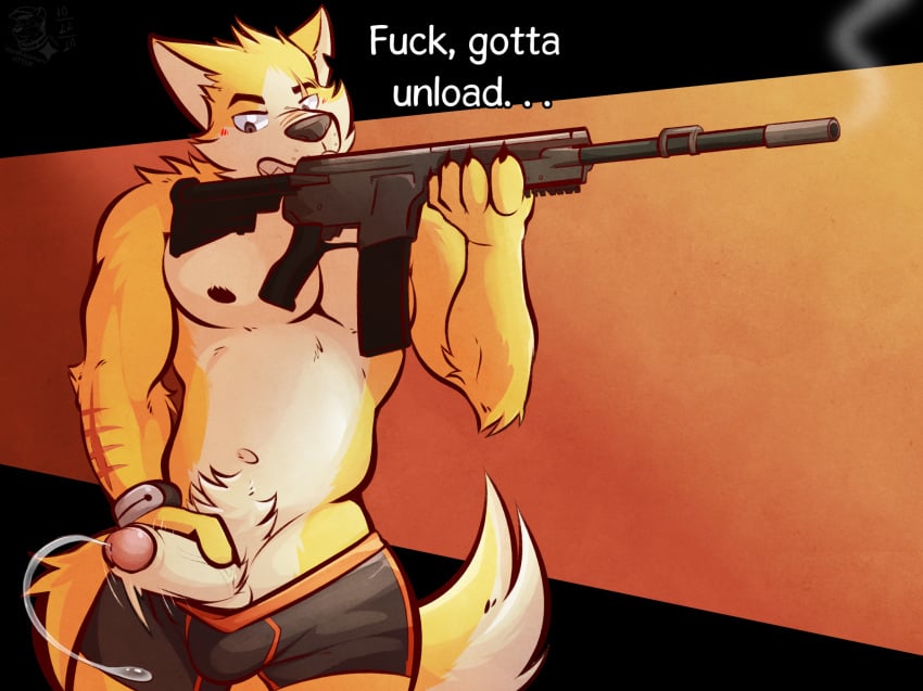 anthro assault_rifle blush bodily_fluids canid canine canis clothed clothing cooper_krager cum english_text genital_fluids genitals gun hi_res male mammal muscular nipples partially_clothed penis profanity ranged_weapon remember_the_flowers rifle scar smoke solo text underwear underwear_down ventkazemaru weapon wolf