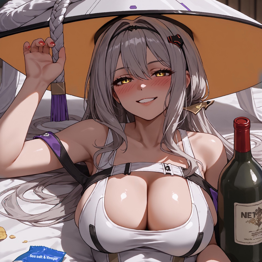 ai_generated alcohol blush goddess_of_victory:_nikke hat looking_at_viewer lying lying_on_back potato_chips scarlet_(nikke) smile wine yellow_eyes