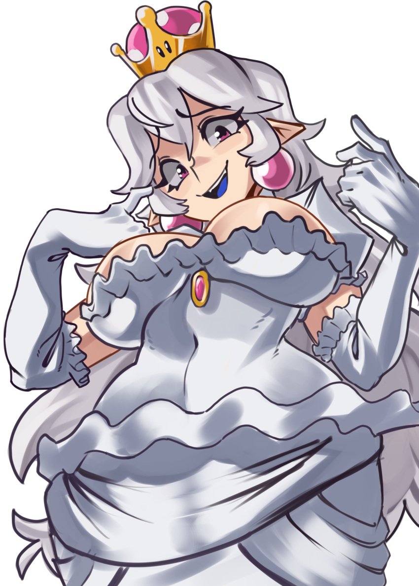 1girls bodysuit boosette female female_focus female_only from_below_view mario_(series) moxydrawsmore royal rule_63 solo solo_female solo_focus super_crown thick_thighs very_long_hair white_dress white_hair