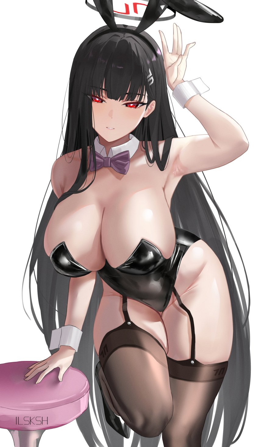 1girls armpits bare_shoulders big_breasts black_hair blue_archive bowtie bunny_ears bunny_girl bunnysuit cleavage detached_collar detached_cuffs female female_only garter_straps hair_ornament hairclip halo high_heels huge_breasts ilsksh large_breasts long_hair looking_at_viewer red_eyes rio_(blue_archive) solo stool thick_thighs thighhighs