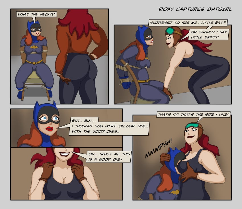 2girls ass barbara_gordon batgirl batman:_the_animated_series bondage breasts cleavage costume dc_comics dcau forced_yuri jacket muscular_female older_female pov red_hair_female roxanne_sutton roxy_rocket sketcherdi smothering smothering_breast smug smug_face superheroine tank_top tied_up villainess younger_female yuri