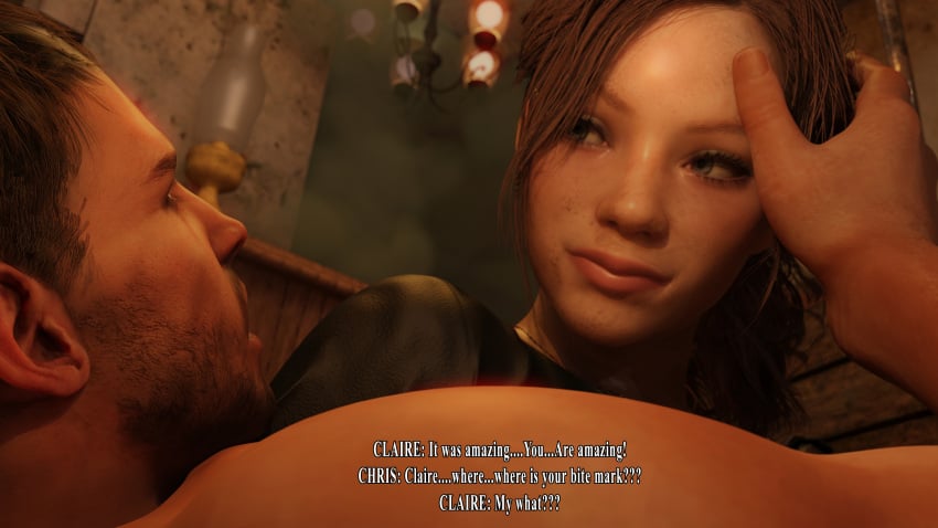 1boy 1boy1girl 1girls 3d after_sex brother_and_sister brown_hair chris_redfield claire_redfield comic dialogue dirty dubious_consent english_text gun half_naked hand_on_head horror incest incest_(lore) lying plot_twist ponytail post_sex_clarity removing_clothing resident_evil resident_evil_2 roosterart surprised undead zombie