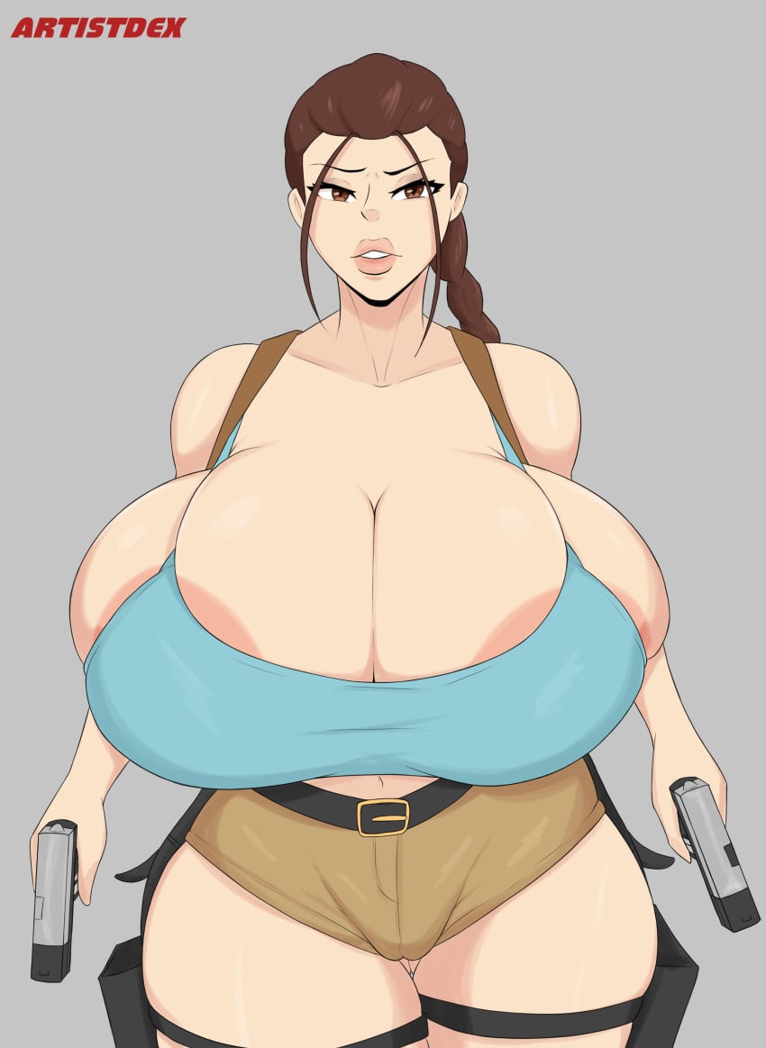 1female 1girls artistdex big_breasts breasts cleavage female female_focus female_only gun guns holding_gun holding_object holding_weapon holding_weapons huge_breasts lara_croft lara_croft_(classic) large_breasts large_tits massive_breasts massive_tits tagme thighs tomb_raider weapon weapons