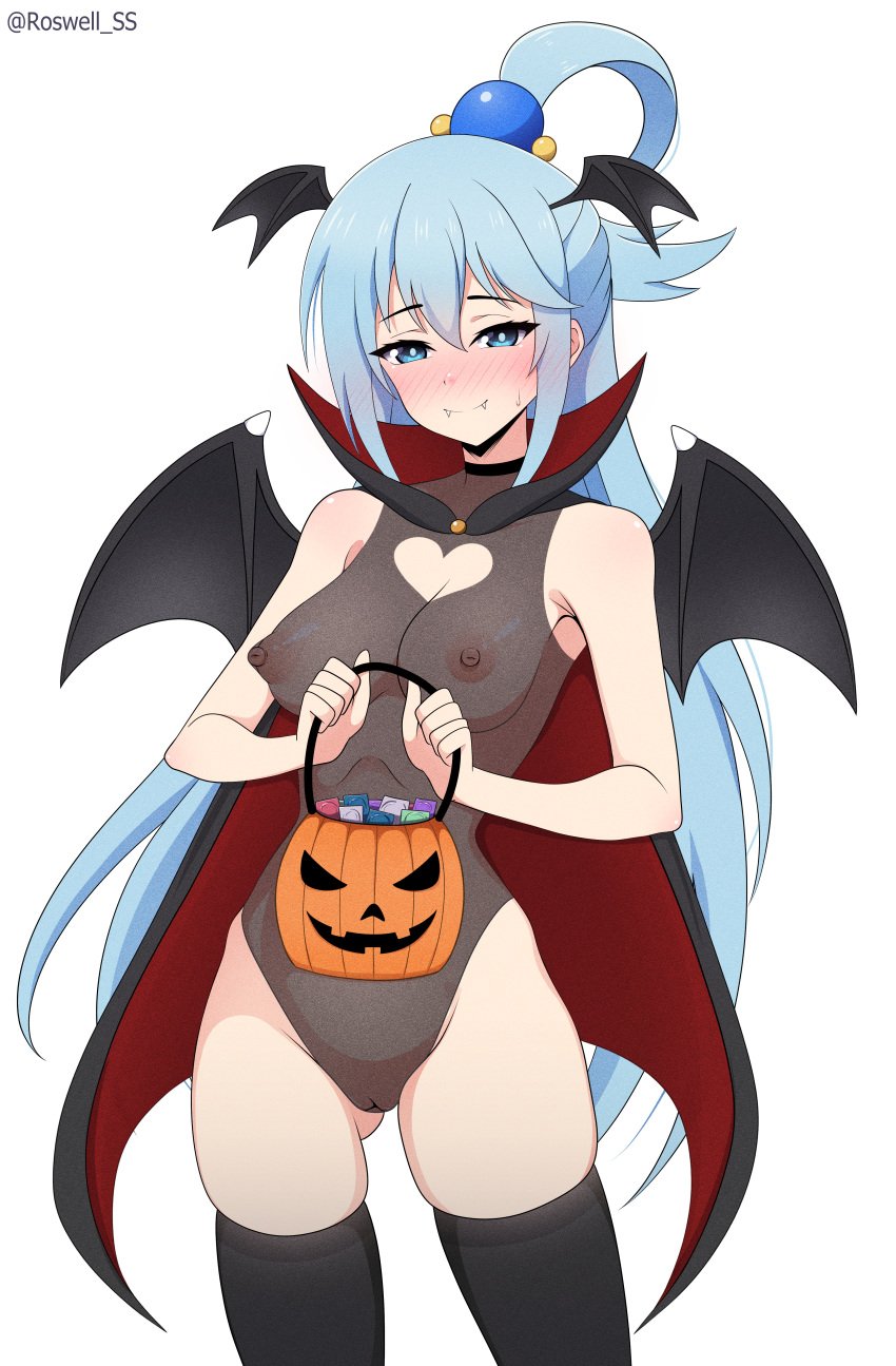 1girls absurdres aqua_(konosuba) artist_name bare_shoulders bat_wings big_breasts black_cape black_leotard black_thighhighs black_wings blue_eyes blush breasts bucket cameltoe cape clothing_cutout costume covered_nipples fangs female hair_ornament halloween head_wings heart_cutout highres holding holding_bucket kono_subarashii_sekai_ni_shukufuku_wo! large_breasts leotard pussy red_cape roswell-ss roswell_ss see-through see-through_clothing simple_background smile solo succubus thighhighs white_background wings