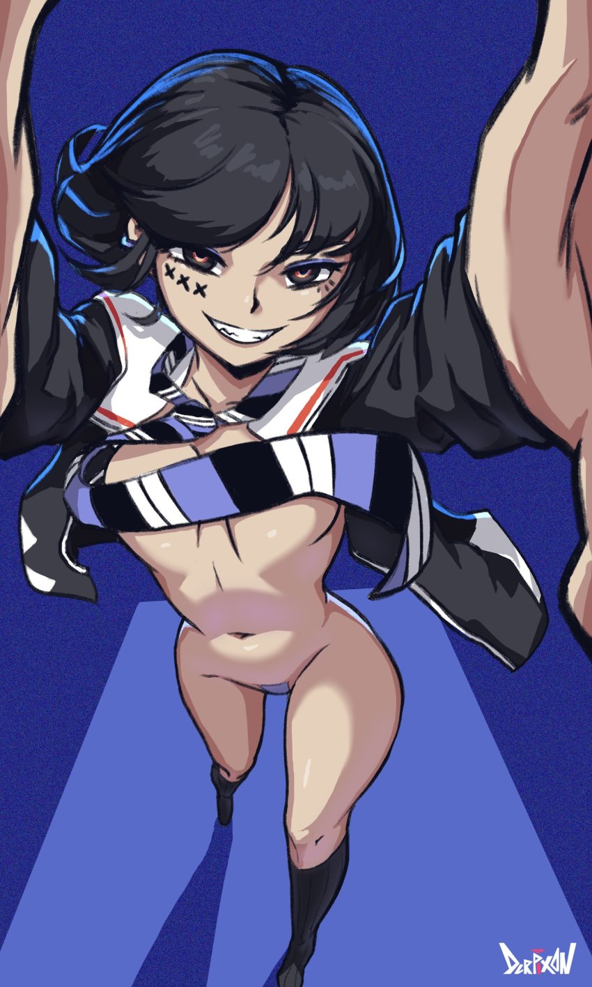 1girls black_hair blue_pubic_hair breasts derpixon female_pubic_hair hi_res long_socks looking_at_viewer navel open_shirt original pubic_hair short_hair simple_background small_breasts smile solo villen_(derpixon) watermark