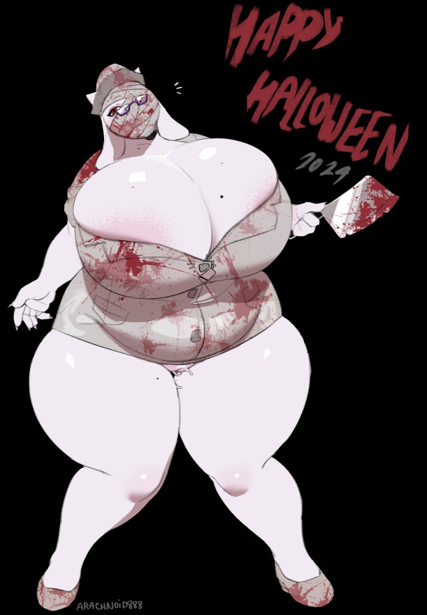 2d 2d_(artwork) absurd_res anthro arachnoid888 areola belly big_belly big_breasts blood bodily_fluids boss_monster_(undertale) bovid breasts caprine cleavage clothed clothing colored costume digital_drawing_(artwork) digital_media_(artwork) dress english_text eyewear female footwear fur genital_fluids genitals glasses goat halloween halloween_costume hat headgear headwear hi_res holding_object holidays horn huge_breasts knife konami looking_at_viewer mammal markings mature_anthro mature_female minidress mole_(marking) mole_on_breast monster nurse nurse_(silent_hill) nurse_clothing nurse_hat nurse_headwear nurse_uniform overweight overweight_anthro overweight_female pussy pussy_peek shoes silent_hill simple_background skimpy skimpy_dress slightly_chubby slightly_chubby_anthro slightly_chubby_female solo text thick_thighs toriel undertale undertale_(series) uniform vaginal_fluids voluptuous_female weapon white_body white_fur wide_hips