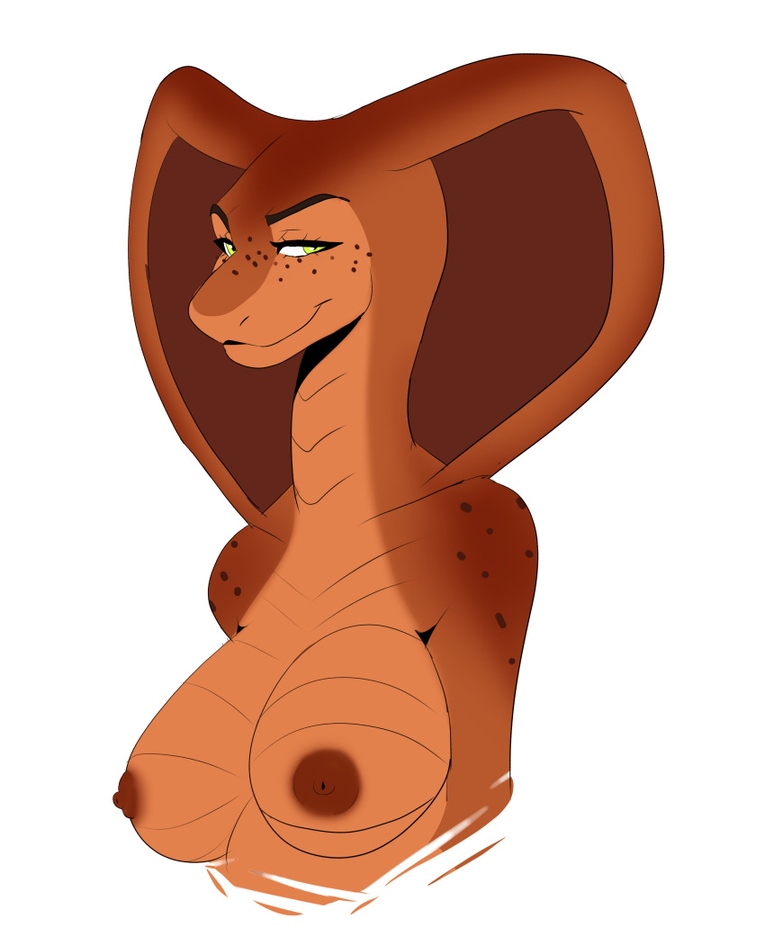 absurd_res anthro big_breasts breasts brown_body brown_nipples cherryfoxy cobra female freckles green_eyes hi_res long_neck looking_at_another nipples nude reptile scalie smile smiling_at_another snake solo