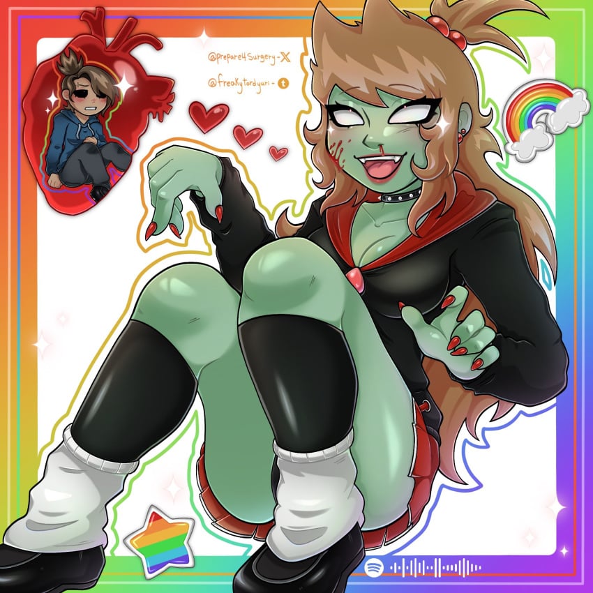 (prepare4surgery) ass_visible_under_skirt blood breast brown_hair genderswap_(mtf) green_skin heart_throb long_sleeve_hoodie red_nails skirt_lift spiked_collar tamara_(eddsworld) tori_(eddsworld) white_eyes zombie zombie_girl