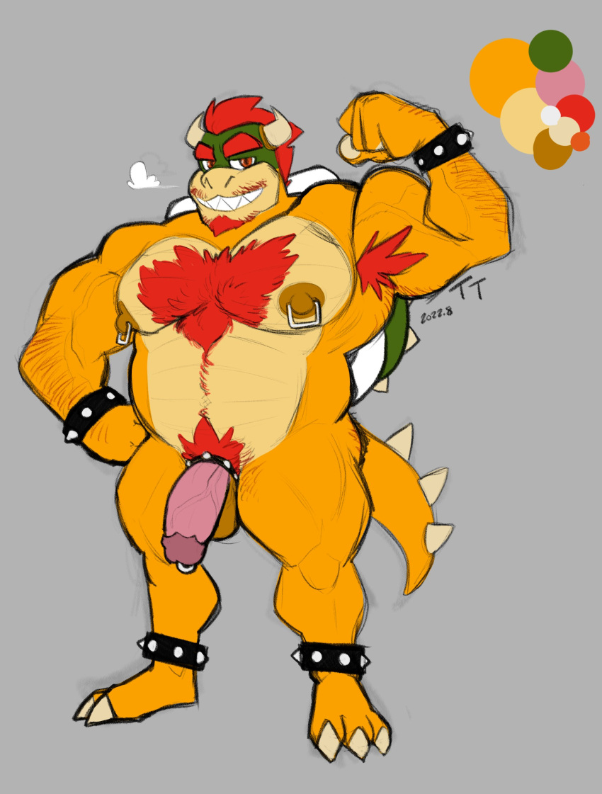 1boy anthro armpit armpit_hair balls bowser chest_hair cock_ring facial_hair flaccid flexing furry furry_only male male_only mario_(series) nintendo nipple_piercing nude penis penis_piercing scalie solo solo_male terratauren turtle