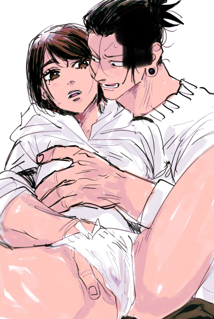 1boy 1girls beauty_mark black_hair blush_lines brown_eyes brown_hair clothed_male clothed_male_nude_female female fingering fit_female groping groping_breasts groping_from_behind hand_in_panties hand_on_breast hand_on_pussy hand_under_clothes jujutsu_kaisen jujutsu_tech_uniform male male/female moaning_in_pleasure muscular_male rubbing_pussy shoko_ieiri size_difference straight suguru_geto thick_thighs underwear vulva_handjob