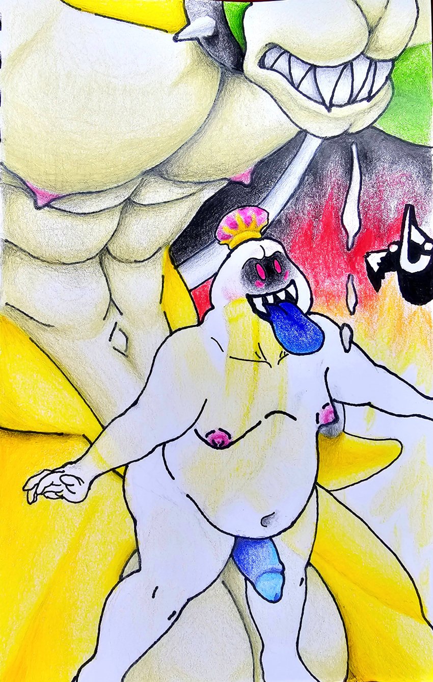 2boys absurd_res anthro balls belly big_balls bodily_fluids boo_(mario) bowser crown drooling duo fire genitals ghost headgear hi_res jewelry king_boo king_koopa luigi's_mansion male male/male mario_(series) marthan_crowl_(artist) muscular muscular_anthro muscular_male nintendo overweight overweight_male reptile saliva scalie size_difference slightly_chubby slightly_chubby_male spirit tongue tongue_out turtle