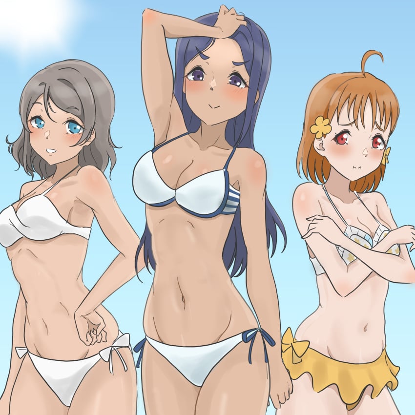 3girls absurdres bikini breasts brown_hair embarrassed highres long_hair love_live! love_live!_sunshine!! matsuura_kanan midriff multiple_girls orange_hair purple_hair short_hair stomach swimsuit takami_chika tan thighs watanabe_you