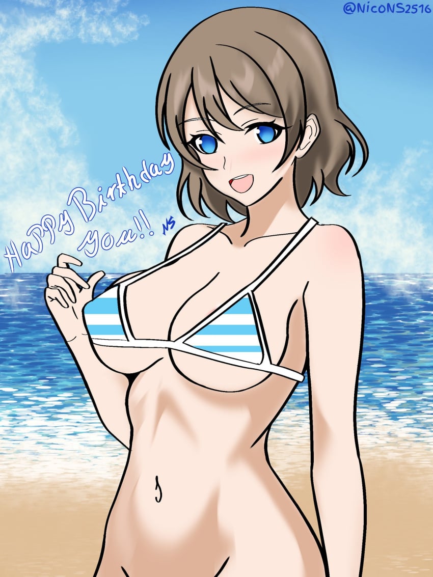 big_breasts blue_eyes breasts brown_hair female large_breasts looking_at_viewer love_live! love_live!_sunshine!! navel simple_background solo stomach watanabe_you