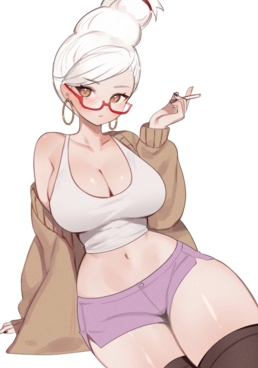 absurdres ayase_seiko bare_shoulders beehive_hairdo black_thighhighs breasts brown_eyes brown_jacket cigarette cleavage collarbone crop_top dandadan earrings female glasses highres holding holding_cigarette hoop_earrings jacket jewelry large_breasts looking_at_viewer looking_over_eyewear mature_female midriff navel off_shoulder open_clothes open_jacket purple_shorts red-framed_eyewear semi-rimless_eyewear shiny_skin short_shorts shorts sky_above_me skyaboveme sleeves_past_wrists smoking solo stomach swept_bangs tall_hair tank_top thighhighs white_background white_hair