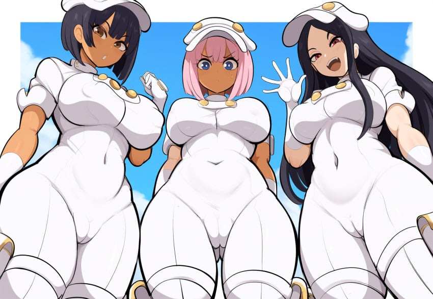 3girls aether_foundation aether_foundation_employee aether_foundation_employee_(female) ai_generated black_hair brown_hair cameltoe covered_nipples dark-skinned_female dark_skin grin large_breasts low-angle_view mullon novelai peace_sign pokemon pokemon_sm thick_thighs trio