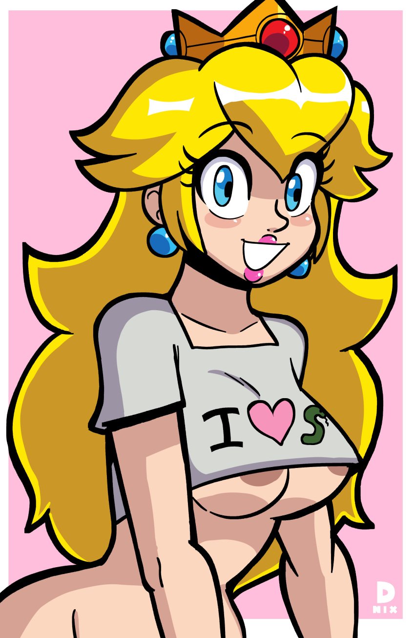 blonde_hair breasts crown d-nix female female_only mario_(series) nintendo nipples princess_peach smiling super_mario_bros. t-shirt tagme