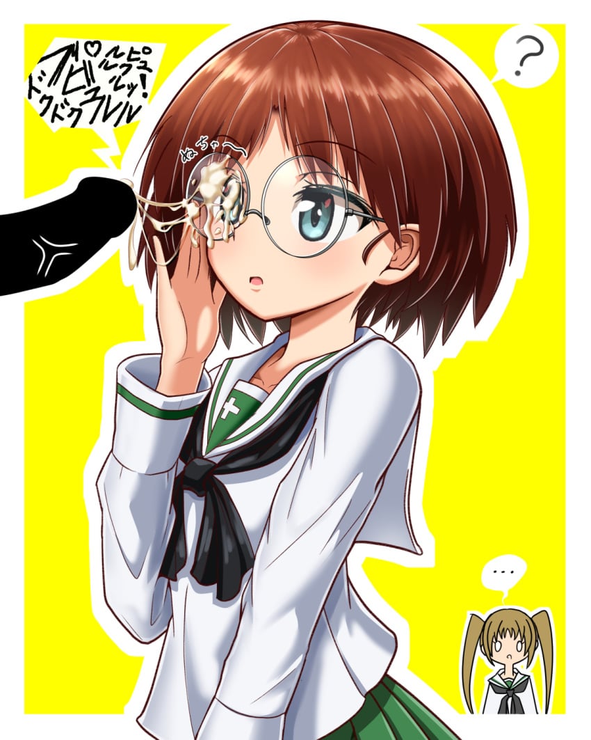 1boy 2girls blonde_hair blue_eyes blush brown_hair clothed clothed_female_nude_male cum cum_on_glasses facial girls_und_panzer glasses multiple_girls oono_aya penis sakaguchi_karina school_uniform sekai_saisoku_no_panda tied_hair twintails