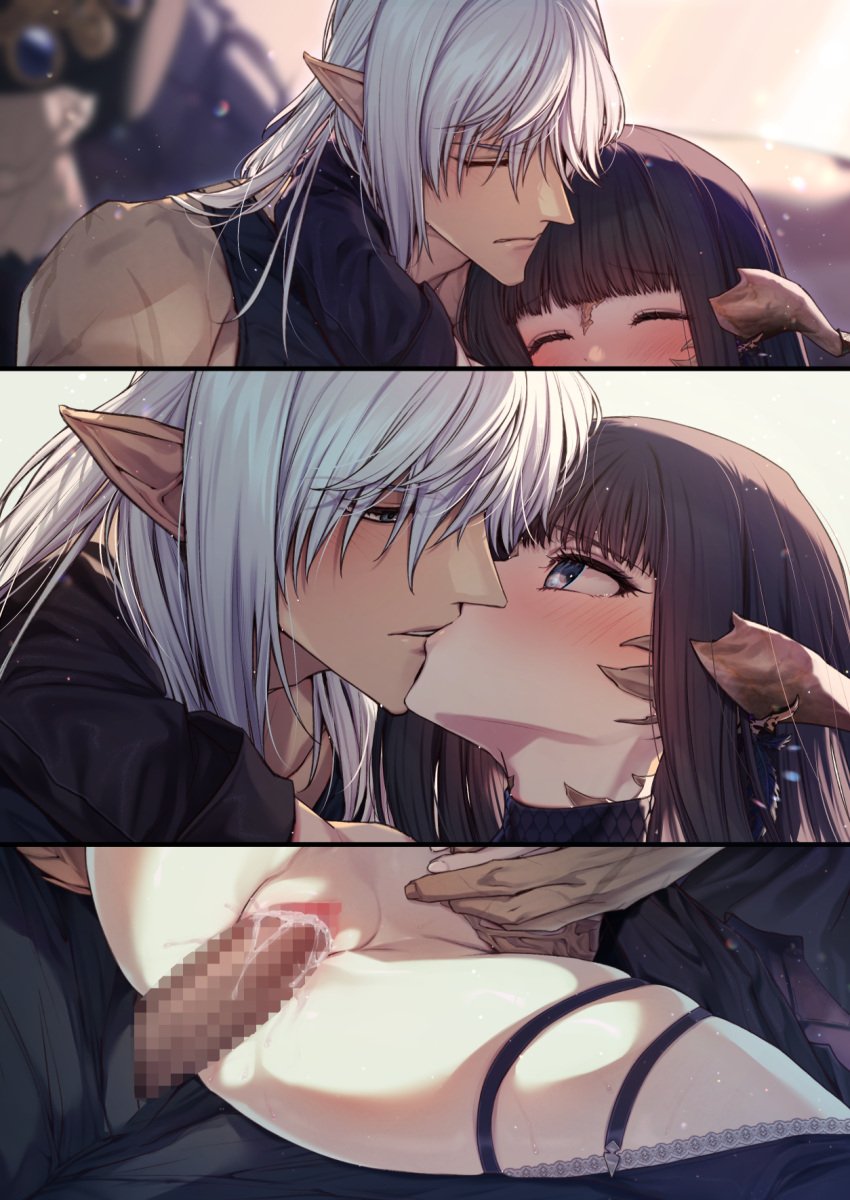 1boy alfred au_ra black_hair blue_eyes blush censored closed_eyes clothed_sex commission dot_nose estinien_varlineau eye_contact facing_another female final_fantasy final_fantasy_xiv happy_sex highres jewelry kissing large_variant_set long_hair looking_at_another mosaic_censoring multiple_views penis pointy_ears pussy raised_eyebrows reverse_upright_straddle scar sex skeb_commission straight thighhighs thighlet vaginal_penetration variant_set warrior_of_light_(ff14) white_hair wince