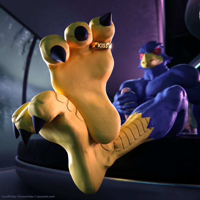 1:1 3d_(artwork) absurd_res blender_(artwork) claws digit_ring digital_media_(artwork) falco_lombardi feet genitals hand_on_own_penis hi_res jewelry male nintendo non-human non-human_only paws penis ring solo star_fox stormrider talons toe_ring toes