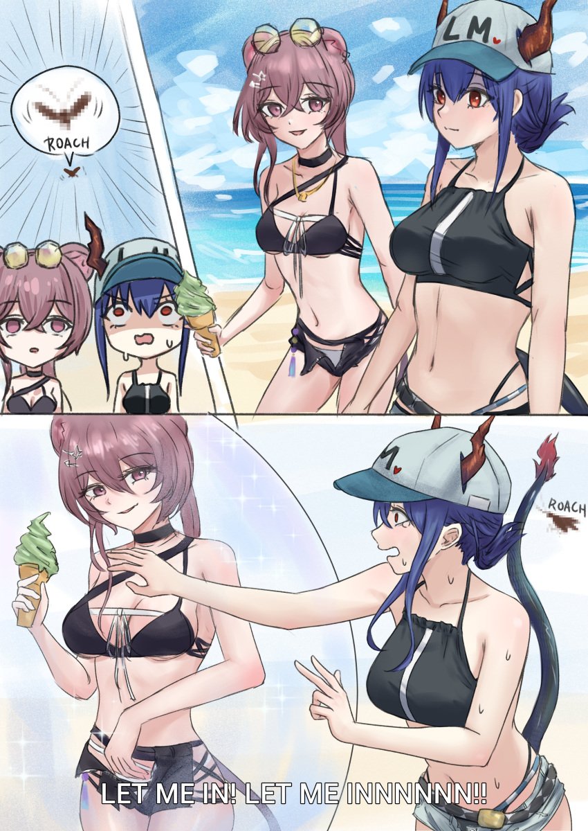 2girls arknights beach bikini blue_hair cap ch'en_(arknights) cockroach forcefield horns ice_cream lin_(arknights) pink_eyes pink_hair red red_eyes runyo_(yale12312) scared shorts sports_bra tail