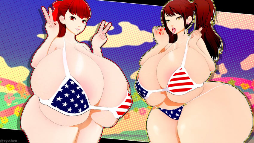 2girls american_flag_bikini ass big_ass big_breasts big_thighs bikini breasts busty curvy cyshen double_peace_sign double_v enormous_breasts female female_only giant_ass giant_breasts giant_thighs gigantic_ass gigantic_breasts gigantic_thighs huge_ass huge_breasts huge_thighs hyper_breasts koikatsu kujikawa_rise large_ass large_breasts large_thighs massive_ass massive_breasts massive_thighs peace_sign persona persona_4 persona_5 sumire_yoshizawa swimsuit thick_thighs thighs tongue_out twintails v_sign voluptuous wide_hips wide_thighs