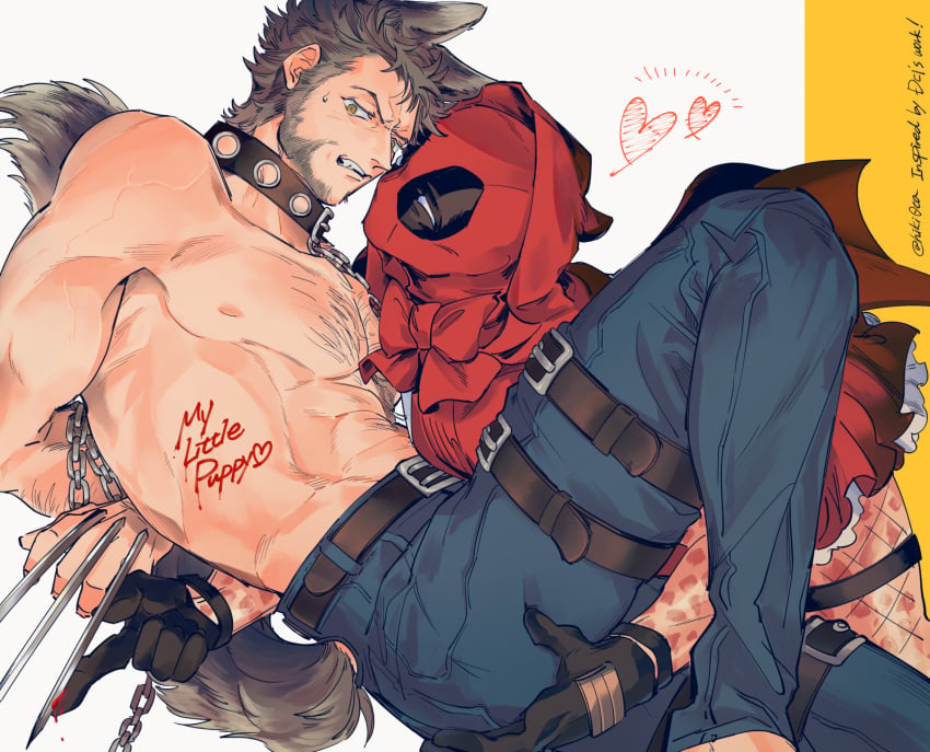 2boys abs alternate_costume animal_ears arm_hair arms_behind_back beard big_bad_wolf_(cosplay) blue_pants body_writing bondage bound bow brown_hair chain_leash chains chest_hair claw_(weapon) collar cosplay couple deadpool deadpool_&_wolverine_(2024) facial_hair fishnets gay gloves grabbing_another's_ass groping hairy halloween halloween_costume hazel_eyes heart hiki0ta hood hood_up large_pectorals leash little_red_riding_hood_(copyright) little_red_riding_hood_(cosplay) looking_at_another male male_focus marvel marvel_cinematic_universe marvel_comics mask mature_male multiple_boys muscular muscular_male mutant_(marvel) mutate_(marvel) navel nipples pants pectorals red_hood red_mask scar scars_all_over short_hair short_sleeves sweatdrop tail teeth thigh_strap too_many topless_male twitter_username veins weapon wolf_boy wolf_ears wolf_tail wolverine_(x-men) x-men yaoi