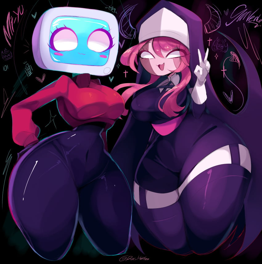 2girls antennae big_ass big_breasts blush bodysuit cropped_sweater cute demon friday_night_funkin garter_straps gazericc gloves light-skinned_female long_hair miyu_(rox_hoxten) nun pink_hair rox_hoxten sarvente_(dokki.doodlez) screen_face simple_background sweater thick_thighs thighhighs tv_head white_eyes wings