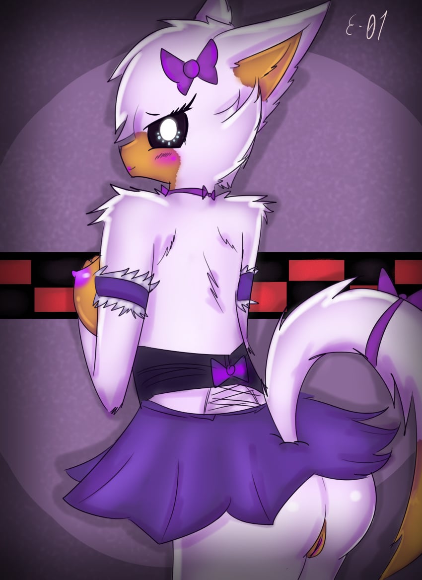 2017 animatronic anthro areola ass big_butt black_nose blush bow_tie breasts canine clothing e-01 female female_only five_nights_at_freddy's five_nights_at_freddy's_world fox fur glowing glowing_eyes hair lolbit_(fnaf) looking_at_viewer machine mammal mostly_nude multicolored_fur nipples nude orange_fur purple_nipples purple_pussy pussy ribbons robot simple_background skirt smile standing tail_bow tail_ribbon video_games white_eyes white_fur