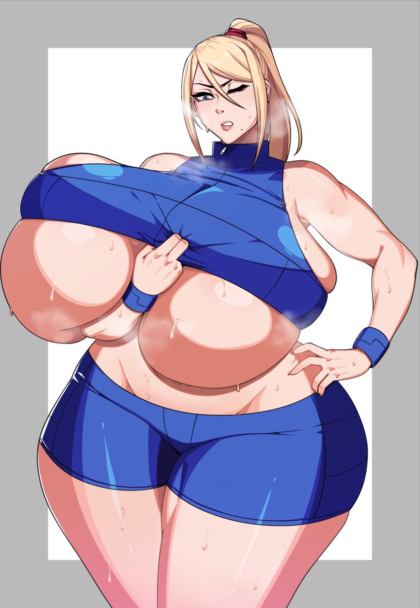 1girls big_breasts breasts breasts_bigger_than_head busty casual_outfit_(metroid) curvaceous curvy curvy_body curvy_female curvy_figure female huge_breasts large_breasts metroid samus_aran strongman_waist strongmoist sweat sweatdrop sweater sweating sweaty_breasts voluptuous