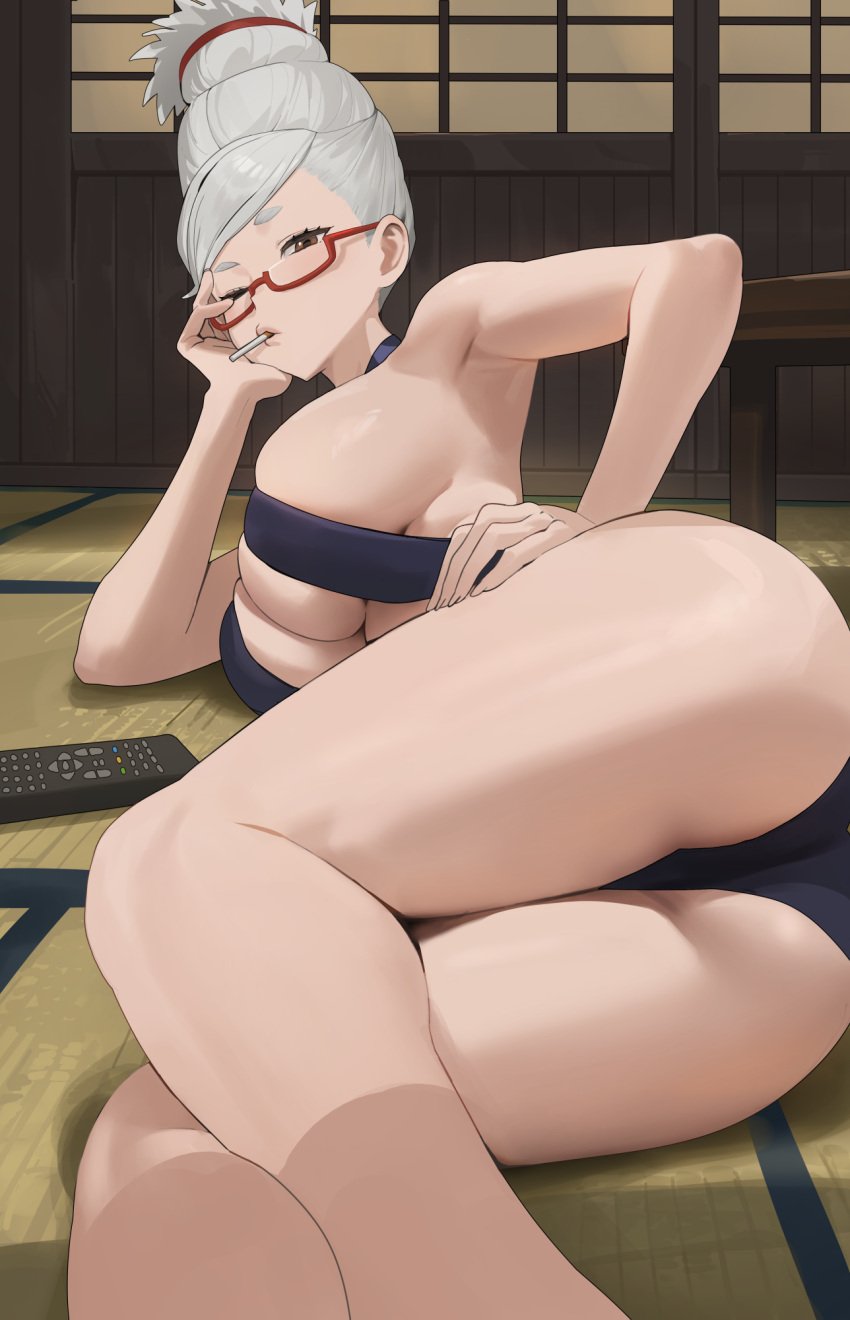 ass ayase_seiko breasts brown_eyes cigarette cowboy_shot dandadan female fingernails glasses highres hood_(james_x) indoors large_breasts light_blush long_hair looking_at_viewer lying on_side one_eye_closed shadow short_eyebrows solo white_hair