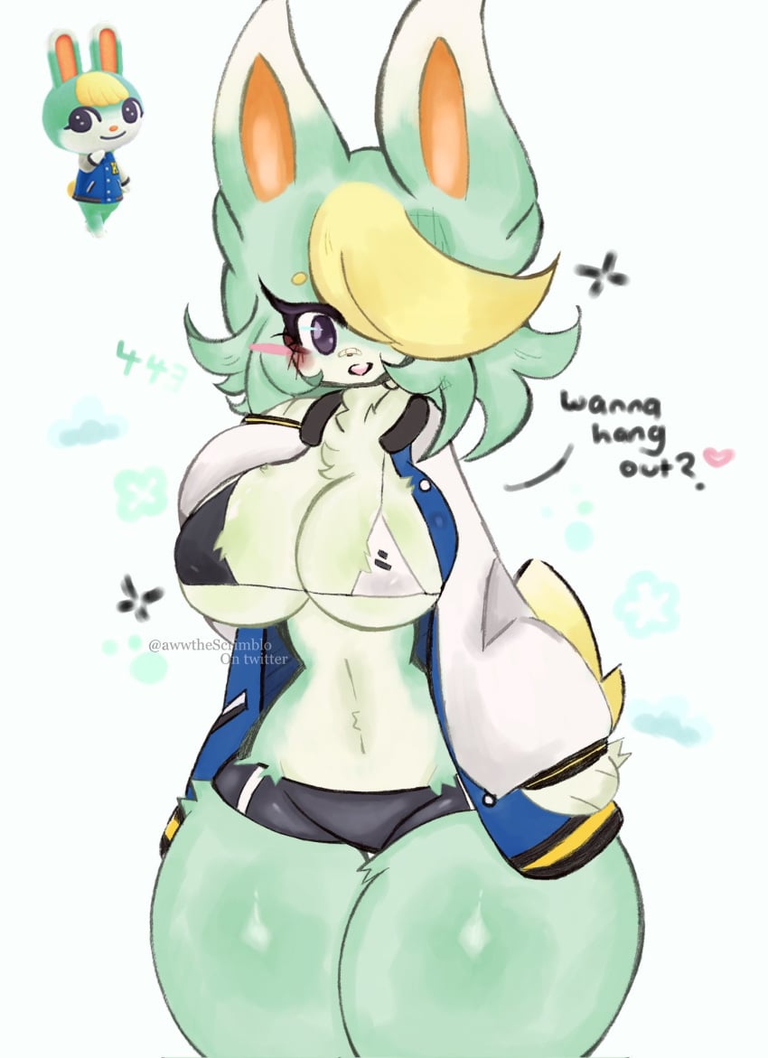 1girl 2024 2024s animal_crossing animal_humanoid anthro awwwthescrimblo bandage bandage_on_nose big_breasts blonde blonde_female blonde_hair blonde_hair_female breasts busty_boy crossgender dialogue english_text female female_focus female_only fur furry furry_female genderswap genital_piercing green_body green_fur hair jacket lagomorph leporid mammal mtf_crossgender nintendo open_jacket rabbit rabbit_ears rabbit_girl rabbit_humanoid rabbit_tail rule63 rule_63 sasha_(animal_crossing) shorts solo text thick_thighs thighs wide_hips