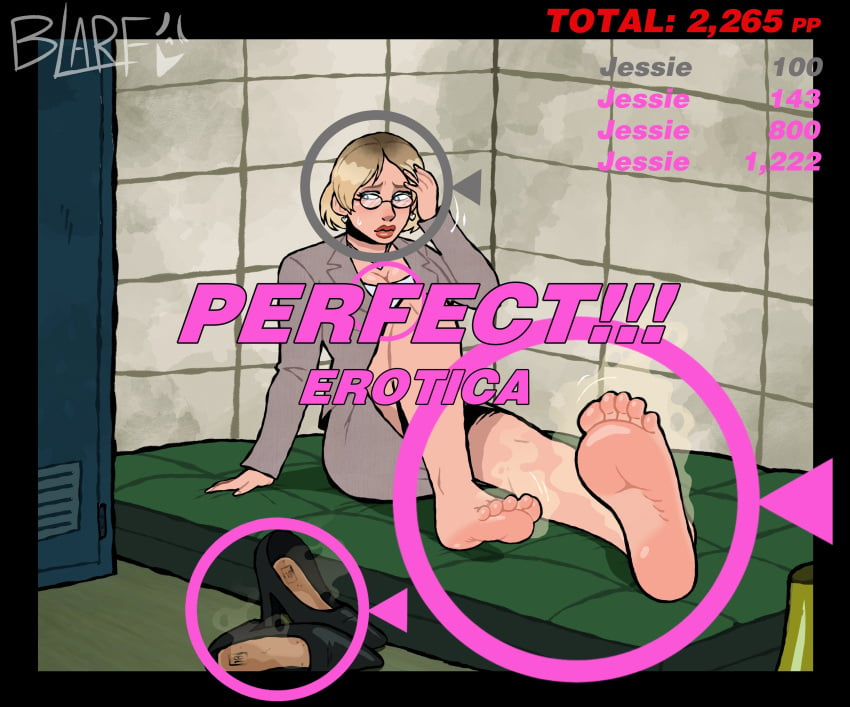 1girls barefoot blarf022 blonde_hair capcom dead_rising embarrassed feet foot_fetish foot_focus glasses jessica_mccarney musk musky_feet office_clothing office_lady shoes_removed smelly smelly_feet soles solo steam stinky_feet unworn_shoes