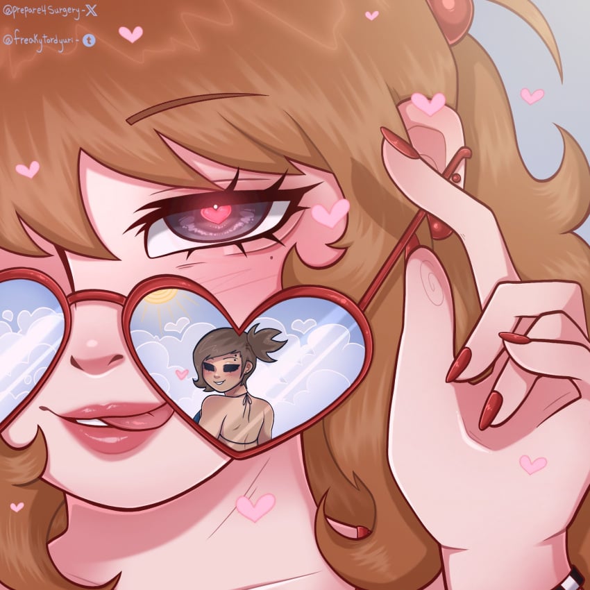 (prepare4surgery) adjusting_eyewear beach blue_swimsuit brown_hair brown_skinned_female genderswap_(mtf) grey_eyes heart-shaped_pupils hearts_around_head light-skinned_female looking_at_viewer looking_over_eyewear looking_over_sunglasses lustful_gaze pink_lips red_nails sunglasses tamara_(eddsworld) tinted_eyewear tongue_out tori_(eddsworld) yuri