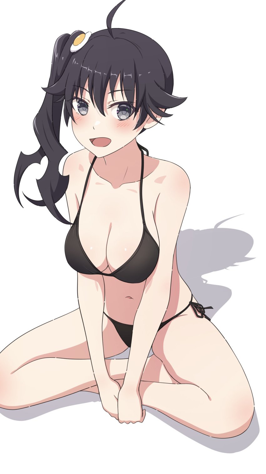 ahoge araragi_karen bare_arms bare_belly bare_legs bare_shoulders bare_thighs barefoot belly_button big_breasts bikini black_bikini black_eyes black_hair blush body_blush breasts camui1104 cleavage collarbone crossed_legs feet hair_ornament monogatari_(series) open_mouth ponytail side-tie_bikini_bottom side_ponytail smile thighs