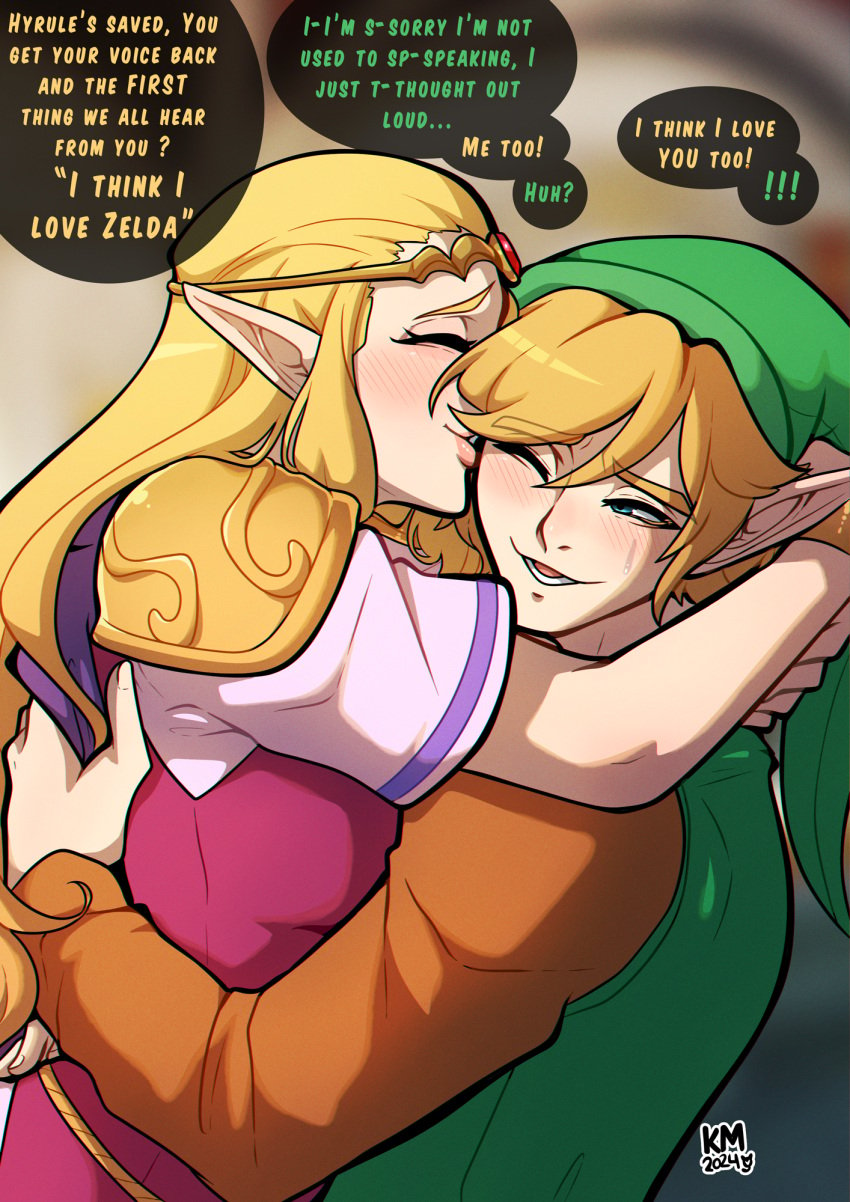 1boy 1girls blonde_hair blue_eyes blush closed_eyes dialogue echoes_of_wisdom english_text female hi_res hugging kinkymation link long_hair male narrowed_eyes nintendo one_eye_closed pointy_ears princess_zelda speech_bubble the_legend_of_zelda wholesome