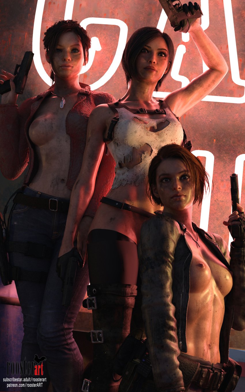 10:16 3d 4k ada_wong belly belly_button breasts claire_redfield claire_redfield_(jordan_mcewen) dirty dirty_face dirty_skin erect_nipples female_focus gun jill_valentine jill_valentine_(sasha_zotova) medium_breasts necklace nipples partially_clothed patreon patreon_username resident_evil roosterart standing torn_clothes torn_clothing