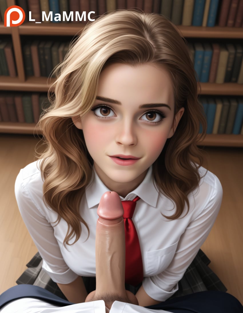 1girl1boy ai_generated blush brown_eyes brown_hair harry_potter hermione_granger l_mammc library looking_at_viewer natural_breasts on_her_knees penis_in_front_of_face pony_diffusion_xl pov realistic_breast_size red_tie watermark wavy_hair white_shirt