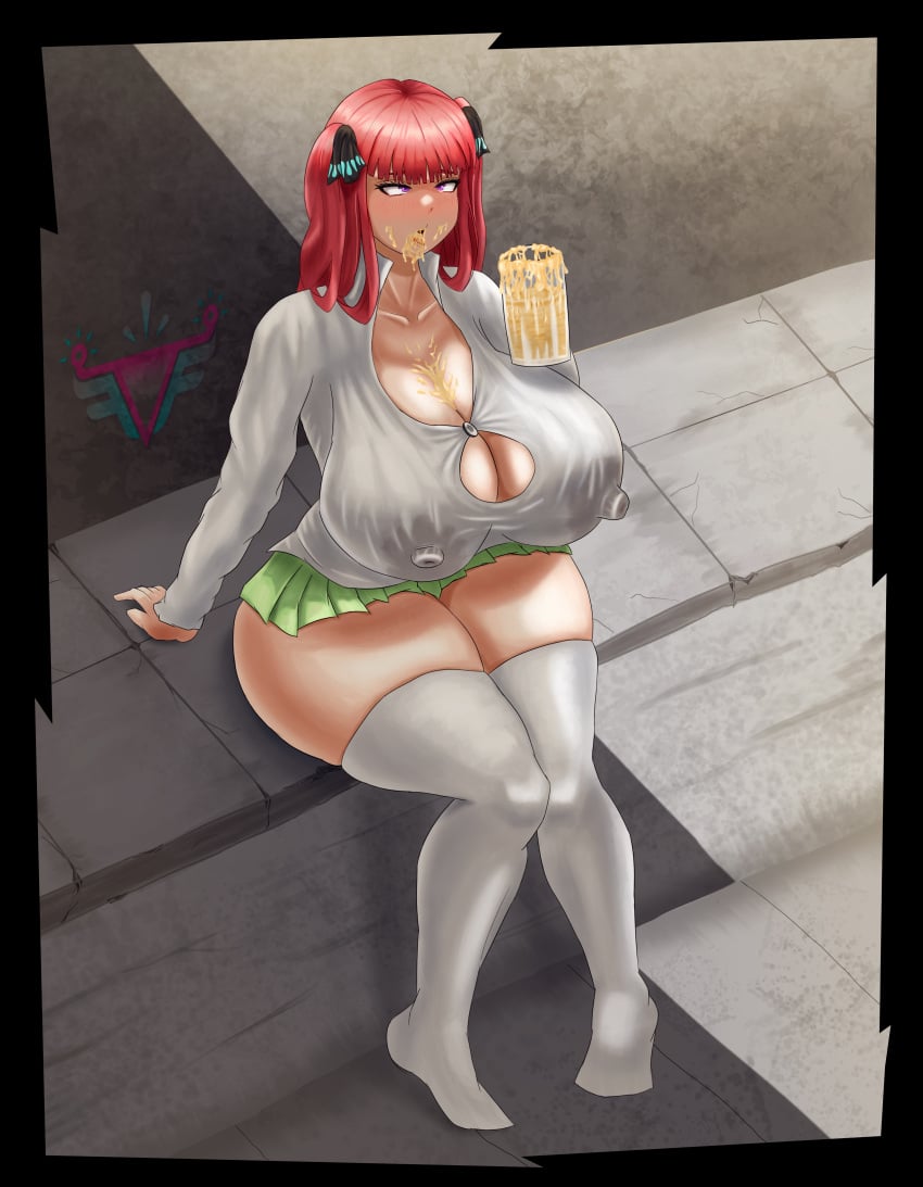 1girls big_breasts bitch breasts cum_drinking cum_in_container cum_in_mouth cum_on_breasts cum_on_face female female_only go-toubun_no_hanayome hi_res huge_breasts miniskirt nakano_nino red_hair slut thick thick_hips thick_thighs watermark