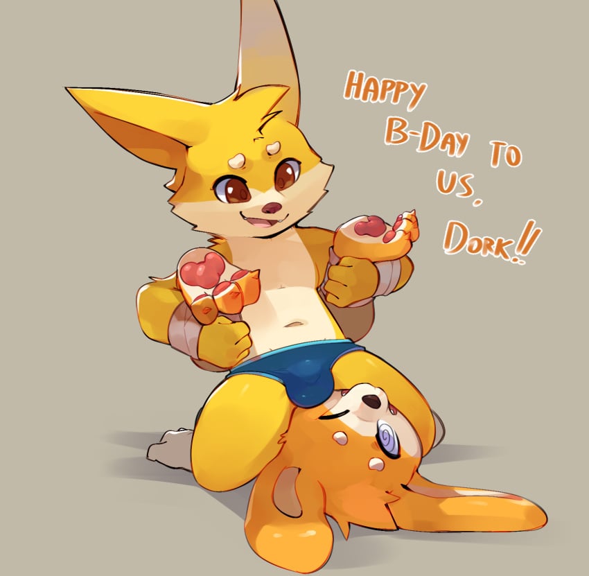 anthro birthday brown_eyes bulge clothed clothing digital_media_(artwork) english_text hi_res lagomorph league_of_legends leporid male mammal navel oob_(character) pawpads rabbit riot_games simple_background smile smite_(artist) smite_(character) solo tencent text topless underwear underwear_only wrestling yordle