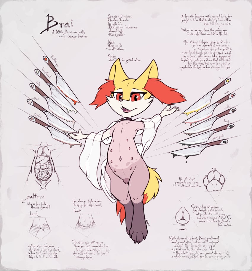 absurd_res animal_genitalia animal_pussy anthro anus brai_(slowderpyguy) braixen canine_genitalia canine_pussy choker digitigrade female generation_6_pokemon genitals gore guts hi_res innards inner_ear_fluff internal jewelry knife looking_at_viewer markings model_sheet multi_nipple necklace nintendo nipples notes nude open_mouth organs pawpads pokemon pokemon_(species) pussy scribbles shaved_body shaved_pussy simple_background slightly_chubby slowderpyguy snuff solo spots spotted_body tuft