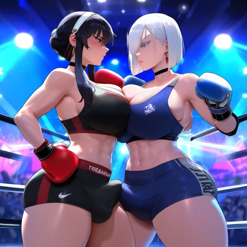 1girls 2girls ai_generated angry asymmetrical_docking bangs bare_shoulders black_hair blue_eyes blush boxing_gloves boxing_ring breast_press breasts bulge bulge_through_clothing choker cleavage earrings face_to_face fighting_ring fiona_frost futanari hand_on_hip headband jewelry large_breasts long_hair looking_at_another navel night racerai red_eyes short_hair shorts sidelocks sky spy_x_family stadium stud_earrings yor_briar yor_forger yuri