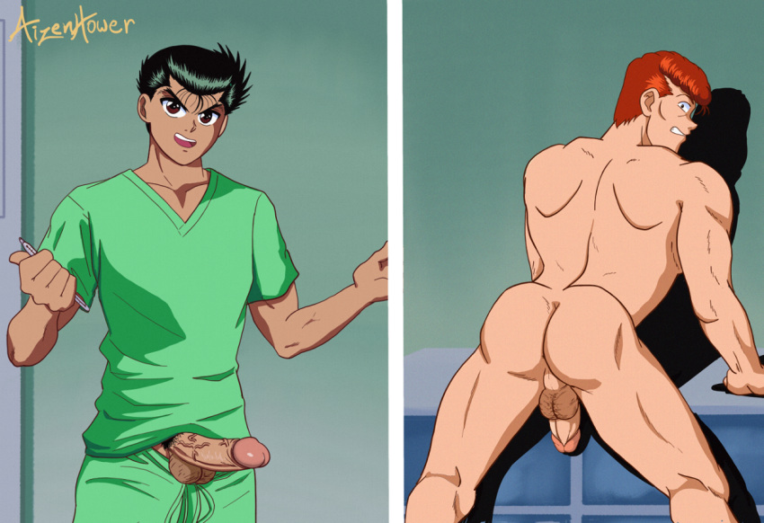 2boys aizenhower ass back_muscles back_view backsack black_hair brown_eyes bubble_ass bubble_butt clothed clothed_male_nude_male clothing cmnm doctor erection gay green_pants green_shirt holding_object human human_only kuwabara_kazuma looking_back male male_focus male_only naked nude nude_male pants_down penis_out presenting presenting_ass presenting_butt red_hair scrubs thermometer toned toned_body toned_male uncensored unprofessional_behavior veiny_penis yaoi yu_yu_hakusho yusuke_urameshi