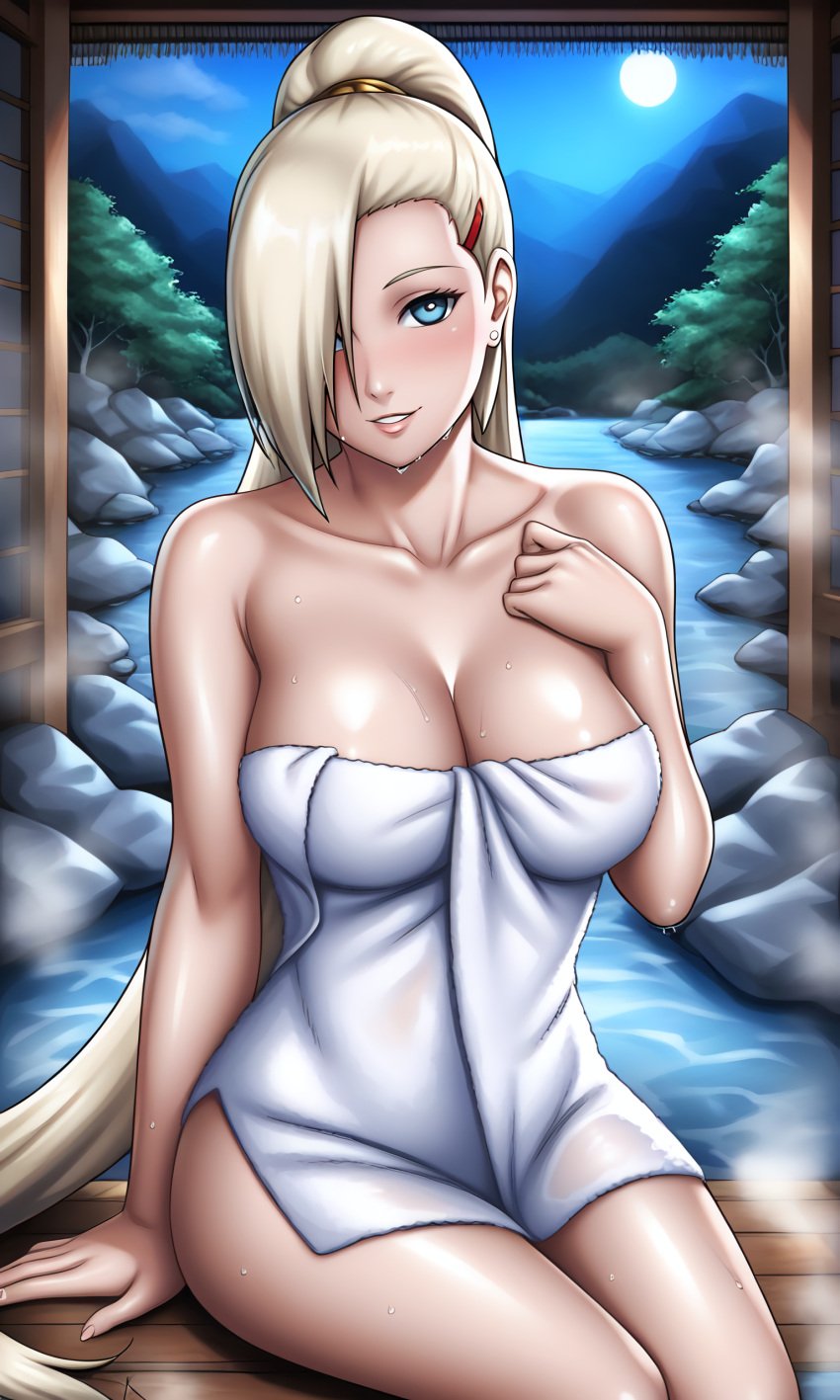 1girls ai_generated big_breasts blonde_hair blue_eyes blush breasts cleavage completely_nude covering covering_self embarrassed hair_over_one_eye holding_object holding_towel hot_spring ino_yamanaka ino_yamanaka looking_at_viewer naruto naruto_(series) naruto_shippuden nude onsen ponytail sayakisaragi sitting solo solo_focus stable_diffusion tied_hair towel towel_only voluptuous