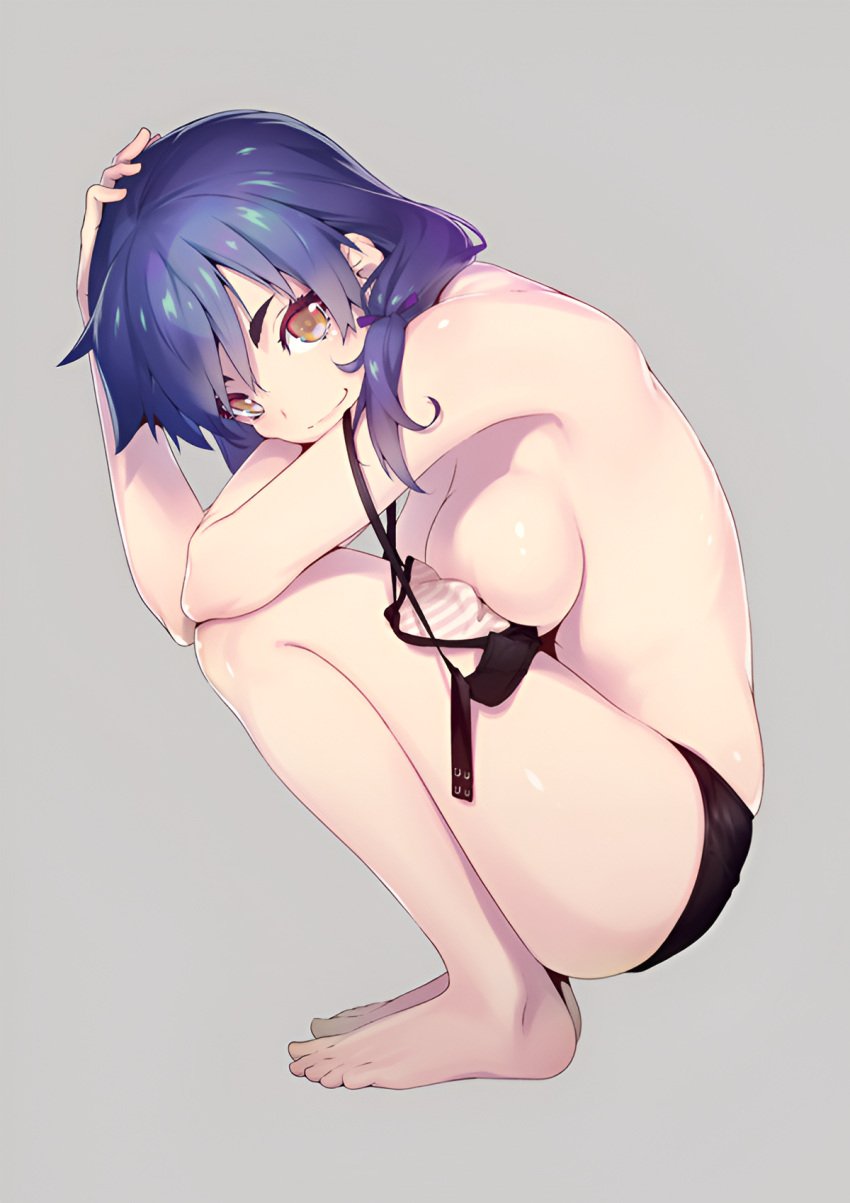 arm_rest ass_visible_from_the_front back bare_arms bare_back bare_legs bare_shoulders bare_thighs barefoot big_breasts bikini bikini_bottom_only black_bikini blue_hair blush body_blush breasts brown_eyes closed_mouth feet kanbaru_suruga medium_hair monogatari_(series) nilitsu shiny_skin smile squatting thighs toes topless twintails untied_bikini