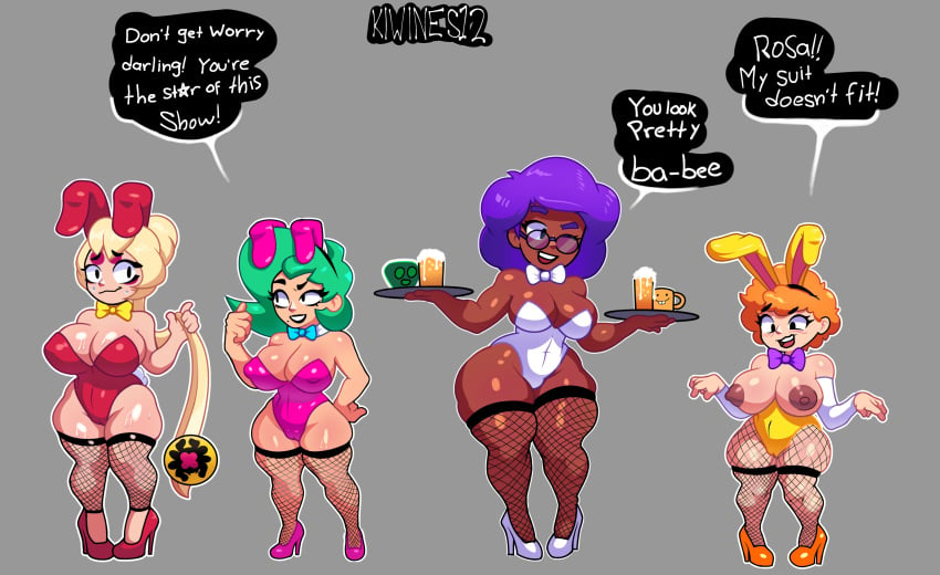 4girls afro artist_name artist_request artist_signature bea_(brawl_stars) big_breasts big_thighs blonde_hair blush brawl_stars breasts_out brown_nipples bunny_costume bunny_ears bunny_tail bunnysuit charlie_(brawl_stars) chocolate_and_vanilla costume curly_hair dialogue fishnet_legwear fishnet_stockings fishnets foursome ginger_hair girls glasses green_hair halloween happy high_heels highres holding_object kiwines12_(artist) legs lola_(brawl_stars) muscular_female nervous nipples no_background pink_clothing pink_heels purple_hair pussy red_clothing red_heels rosa_(brawl_stars) shiny_skin short_hair shortstack smile smiling spike_(brawl_stars) straight_hair sweat sweatdrop thumbs_up tight_clothing waitress white_body white_clothing white_heels white_skin yellow_clothing yellow_heels yo-yo