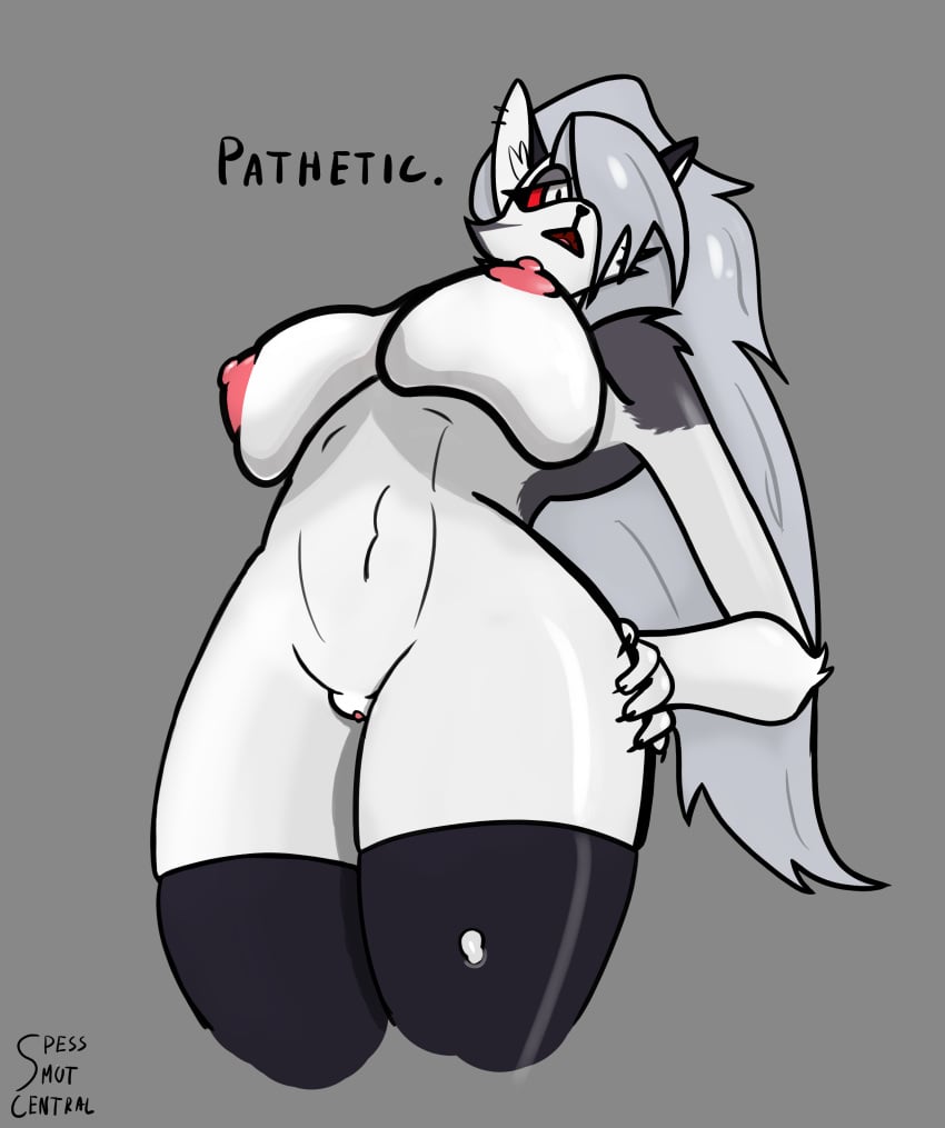 absurd_res anthro big_breasts black_clothing black_legwear black_thigh_highs breasts canid canid_demon canine clothing demon female fur genitals grey_body grey_fur grey_hair hair hellhound helluva_boss hi_res huge_breasts legwear long_hair looking_at_viewer looking_down looking_down_at_viewer loona_(helluva_boss) mammal multicolored_body multicolored_fur mythological_canine mythological_creature mythology nipples nude pink_nipples pussy red_sclera shaded smug solo spesssmutcentral thigh_highs two_tone_body two_tone_fur white_body white_eyes white_fur