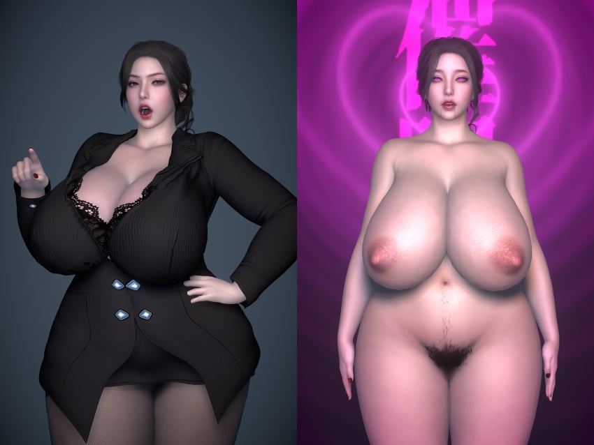 1girls 3d artist_request before_and_after big_breasts black_hair breasts busty cleavage curvaceous curvy curvy_body curvy_female curvy_figure drooling female female_pubic_hair huge_breasts hypnosis instant_loss_2koma large_breasts mind_control naked naked_female nipples nude nude_male office_clothing office_lady original original_character pink_eyes pubic_hair voluptuous willow_boat_lone_shadow_(artist)